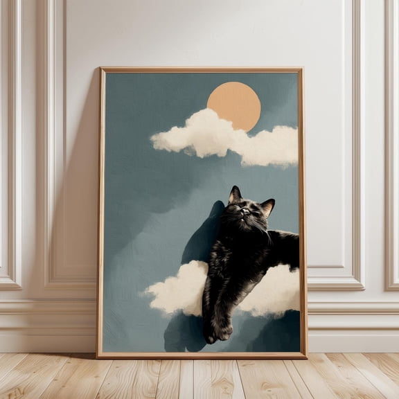 Dreamy Black Cat Sleeping on a Cloud Wall Art, Unframed Paper Poster 8x10in