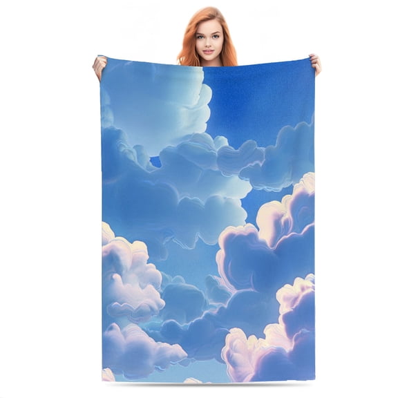 Dreamy Blue Clouds Lightweight Flannel Printed Blanket - Ultra Soft & Warm, All-Season Cozy Plush for Couch, Bed, Office, Camping Nap - Perfect Decorative Gift