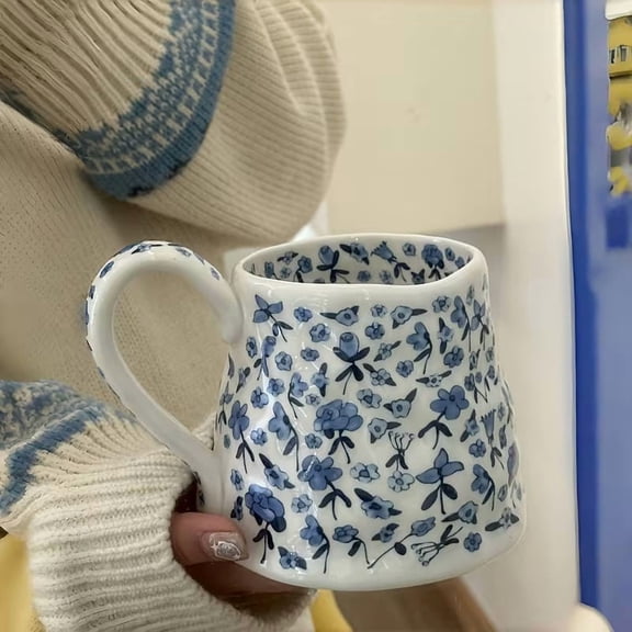 Dreamy Blue Floral Large Mug Elegant Ceramic Coffee Cup for Breakfast, Soups, and Gifts