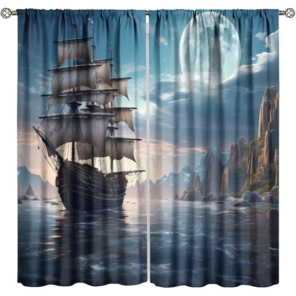 Dreamy Boat Curtains, Fantastic Colorful Fairy Tale Moon Foggy Ocean Sea Ship Mountain Scenery View Window Treatments, Rod Pocket Drapes For Living Room Bedroom Bathroom Kitchen 84x84in