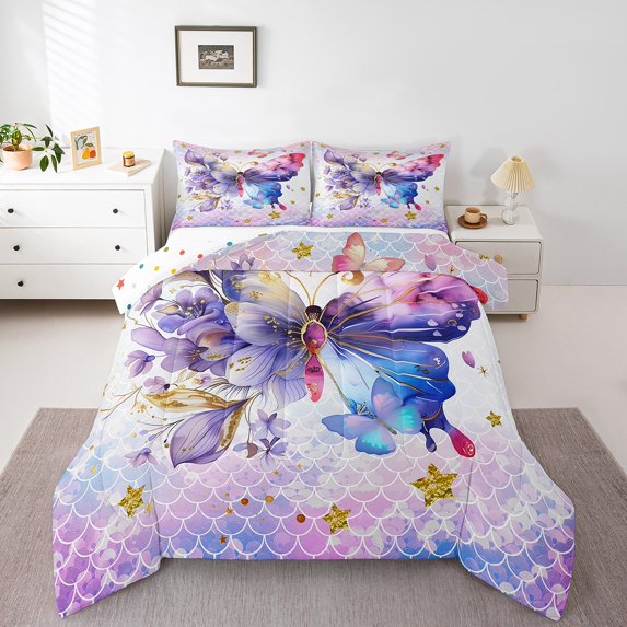 Dreamy Butterfly Comforter Set Coastal Mermaid Scale Queen Bedding Sets,Gold Stars Quilt Watercolor Flowers Duvet Insert Rustic Aesthetic Animal Room Decor