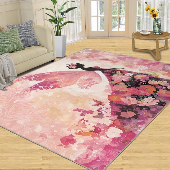 Dreamy Butterfly Lady Area Rugs, Purple Floral Carpet, Washable Non Slip Low Pile Soft Rug for Living Room Bedroom Dining Room Home Office Decor Mat 2x3ft