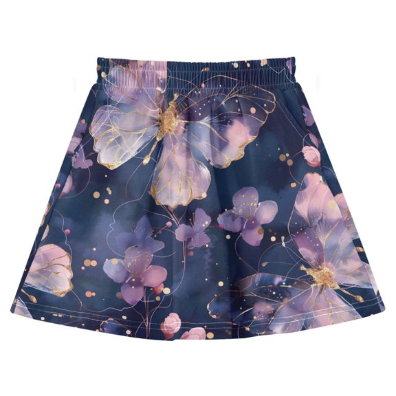 Dreamy Butterfly Pattern Print Cotton Skirt Built-in Liner Elastic A-Line Flared Skirt with Pockets