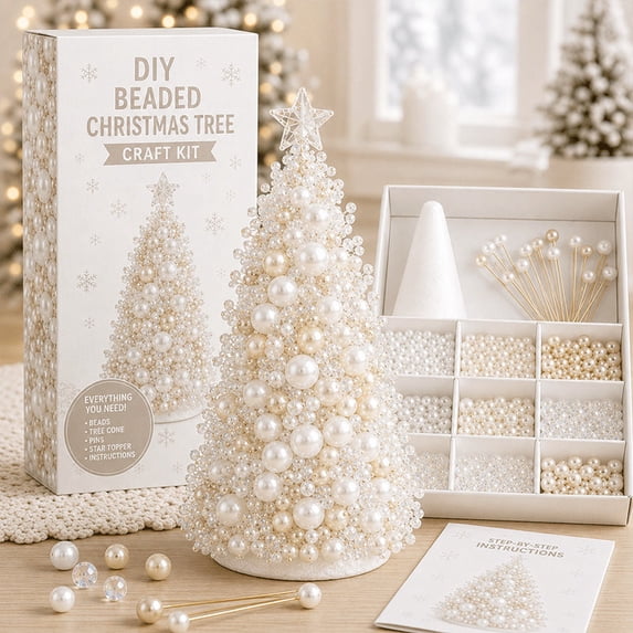 Dreamy Candy Style Christmas Tree Pearl Beaded Art DIY Craft Kit, 3D Sparkling Gentle Color Pearls Diamond Beads Craft Kit for Holiday Table Mantel Window Home Decoration Festive Friendship Gift