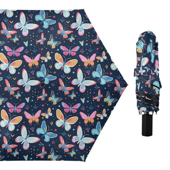 Dreamy Cartoon Butterflies Compact Sun Umbrella Windproof Travel Umbrellas for Rain Strong Portable UV Protection