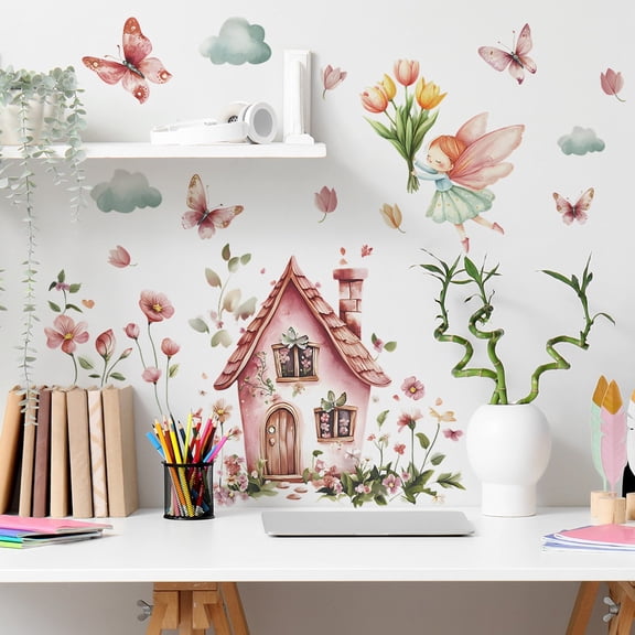 Dreamy Cartoon Little House and Flowers Wall Stickers for Kids' Rooms and Playful Spaces