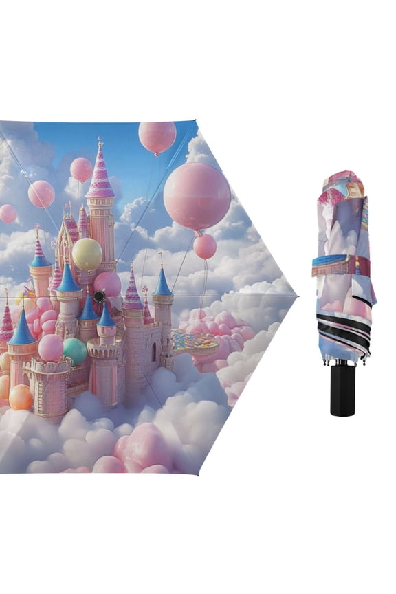 Dreamy Castle Clouds Balloons All Weather Umbrella Triple Folding Parasol 6 Ribs UV Protection Portable