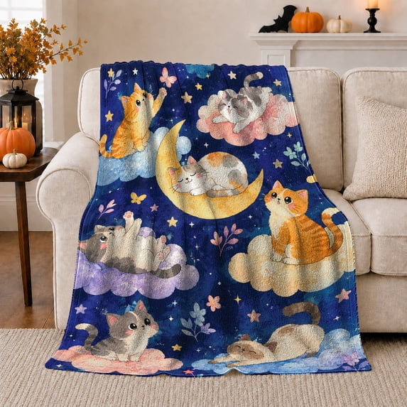 Dreamy Cats Under Moonlit Stars Watercolor, Peaceful Pet Portrait Pattern, Warm Flannel Blanket for Living Room and Reading Nook, Cat Lovers Friendship Gift, Pet Lover Home Decor