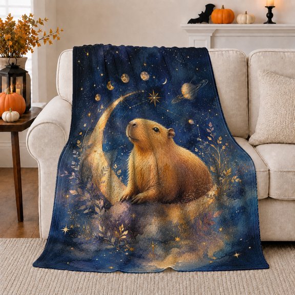 Dreamy Celestial Capybara Crescent Moon, Peaceful Celestial Art Scene, Warm Flannel Blanket for Sunroom and Reading Nook, Celestial Art Lovers Housewarming Gift, Fantasy Home Decor