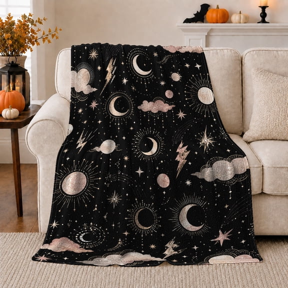 Dreamy Celestial Moon Cloud Flannel Blanket with Crescent Suns Stars Lightning Rose Gold Black Night Sky Art, Mystic Sofa Bedroom Dorm Home Decor, Astrology Gift