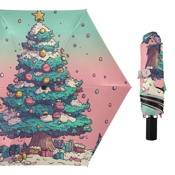 Dreamy Christmas Tree All Weather Umbrella Triple Folding Parasol 6 Ribs UV Protection Portable