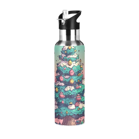Dreamy Christmas Tree Sports Bottle with Straw Stainless Steel Water Jug Portable Thermal Cup Leak-proof 1000ML