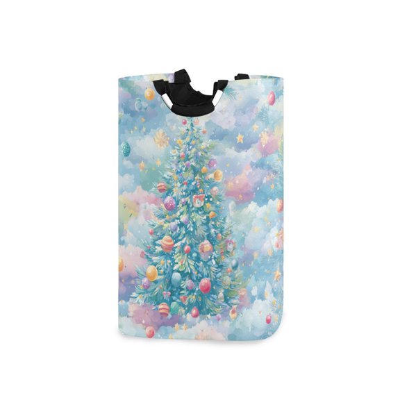 Dreamy Clouds Christmas Trees Colorful Lights Laundry Basket with Handles Foldable Laundry Hamper Freestanding Washing Bin 50L