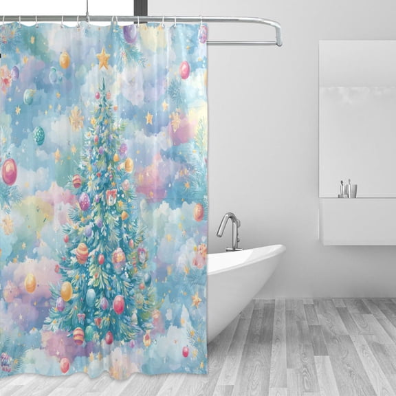 Dreamy Clouds Christmas Trees Colorful Lights Shower Curtains with 12 Hooks Waterproof Bathroom Decor 66" x 72"