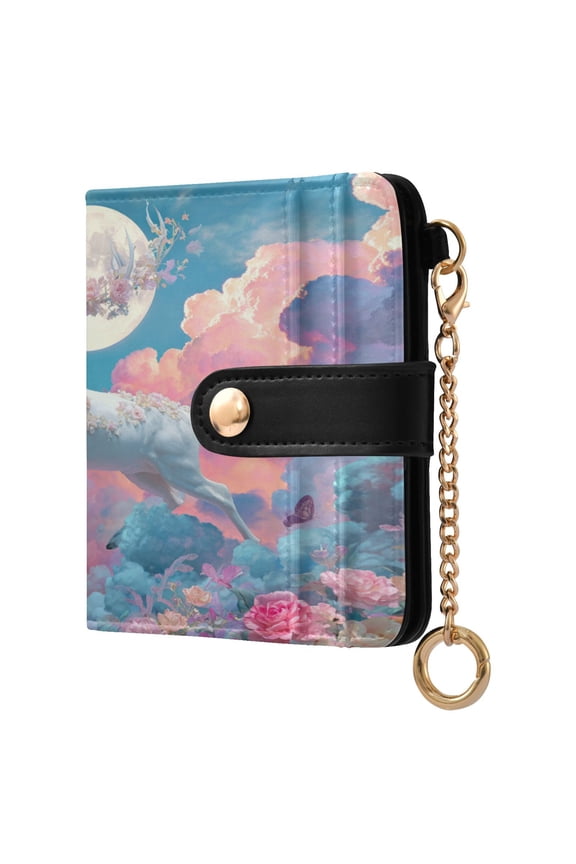Dreamy Clouds Roses White Deer Fly Women's Wallet PU Leather Card Cases RFID Blocking Purse Billfold with Key Ring