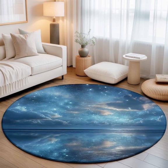 Dreamy Clouds Washable Round Area Rug 3 ft, Star Sea Sky Horizon Blue Romantic, Soft Non Slip Rugs Stain Repellent Indoor Felt Carpet for Living Dining Room Bedroom Home Office