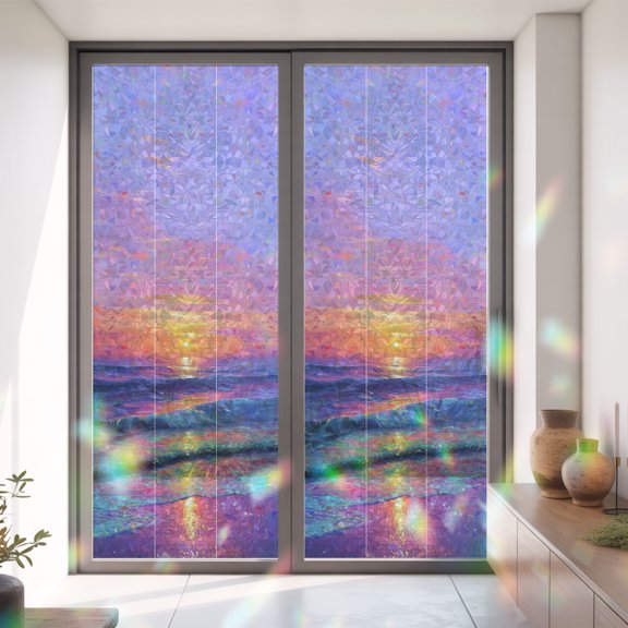 Dreamy Coastal Sea Waves Window Privacy Film,Decorative Windows Static Cling Sunset Reflection Heat Control Removable Glass Sticker for Home Bathroom Bedroom Window Door,35x79in
