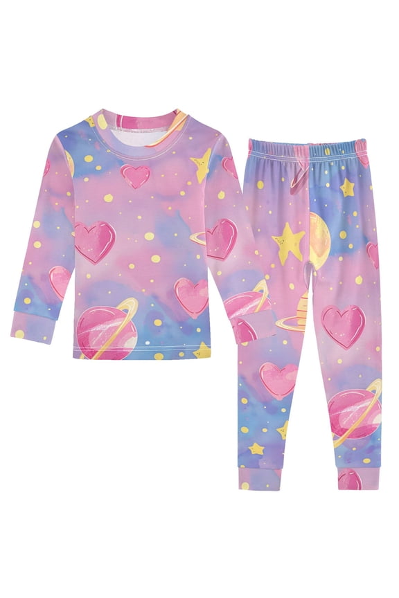 Dreamy Color Hearts Stars Planets Cotton Pajama Set Long Sleeve Top and Pants Sleepwear Unisex 3T