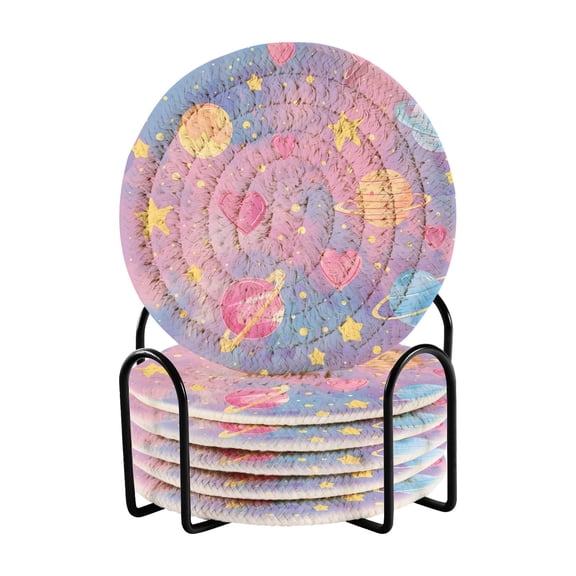 Dreamy Color Hearts Stars Planets Drinking Coasters Cup Mat with Holder for Kitchen Cafe Bar 6 Packs