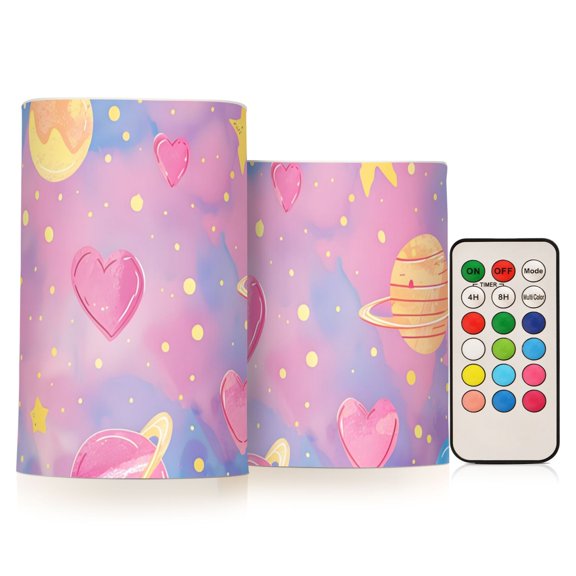 Dreamy Color Hearts Stars Planets Flickering Flameless Candles LED Tealight Battery Operated with Remote Set of 2 Holiday Decor Ornaments