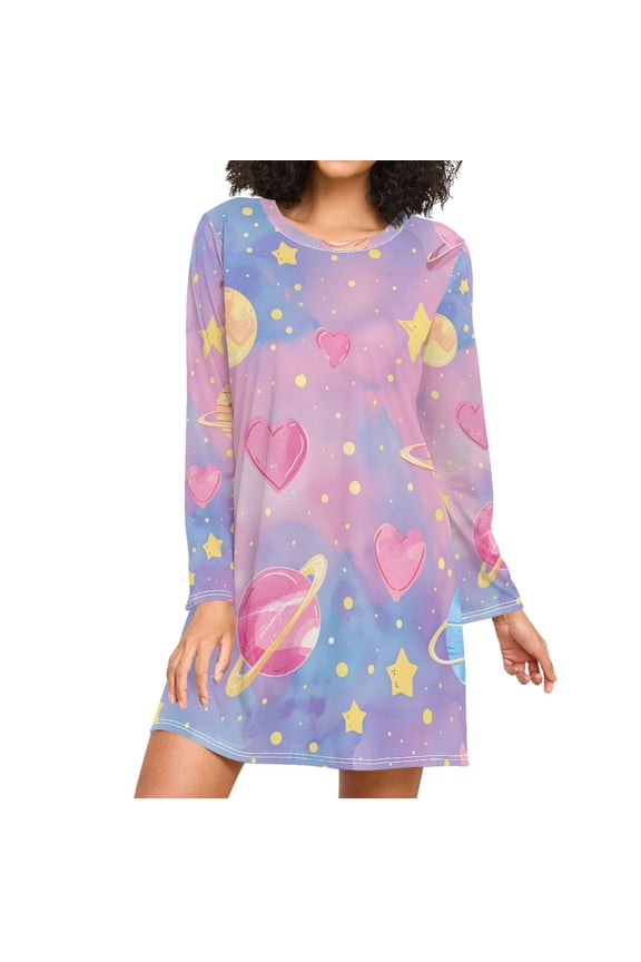 Dreamy Color Hearts Stars Planets Women's Long Sleeves Nightgowns Sleepwear Soft Pajama A-line Sleep Dress M