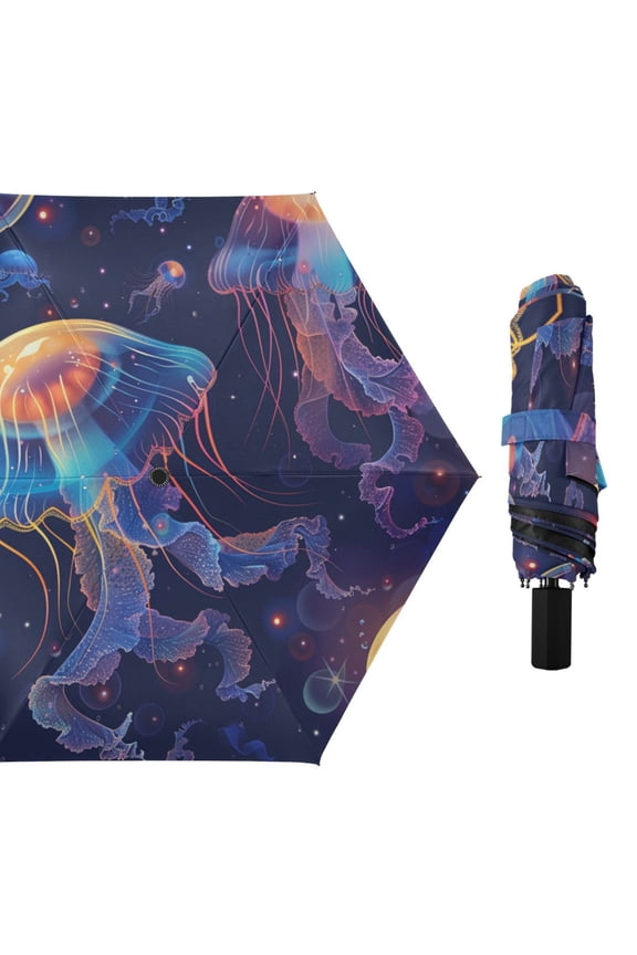 Dreamy Color Jellyfish Cartoon All Weather Umbrella Triple Folding Parasol 6 Ribs UV Protection Portable