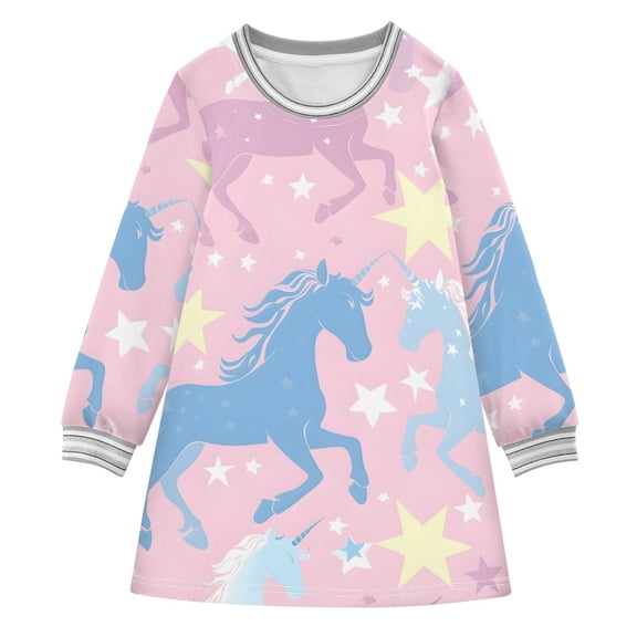 Dreamy Color Unicorns Stars Long-sleeved Dress A-line Dress for 2-8 Years Casual Party 3T