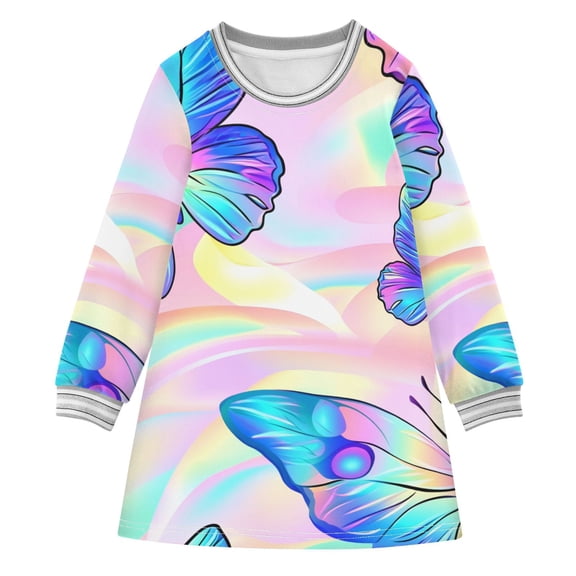 Dreamy Colored Butterflies Long-sleeved Dress A-line One-Piece Dress for 2-8 Years Casual Party 4T