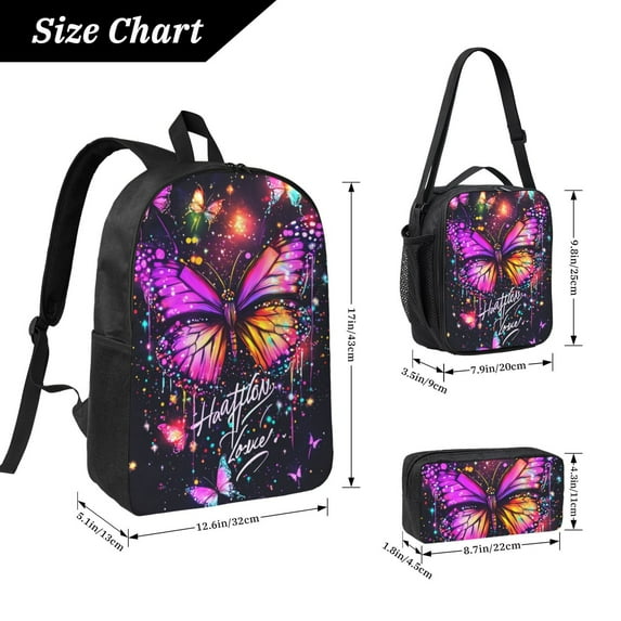 Dreamy Colored Butterfly Backpack 17 Inch Set with Lunch Bag and CaseDurableTravel Bag Combo for Work Commuting Daily Use