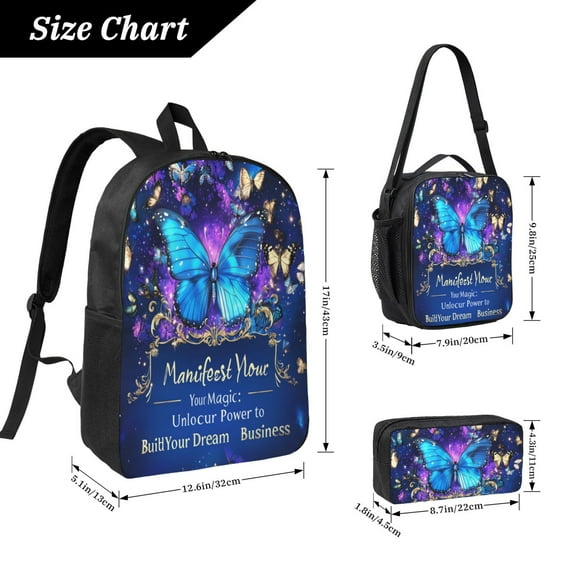 Dreamy Colored Butterfly Backpack 17 Inch Set with Lunch Bag and CaseDurableTravel Bag Combo for Work Commuting Daily Use