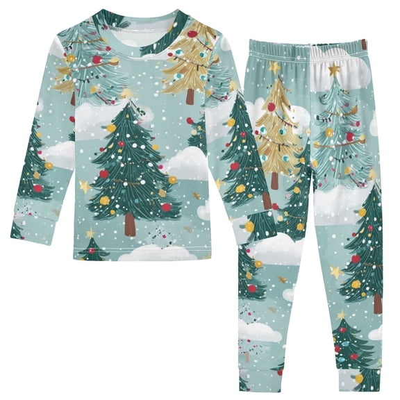 Dreamy Colorful Christmas Trees on Clouds Cotton Pajama Set Long Sleeve Top and Pants Sleepwear Unisex 8Y