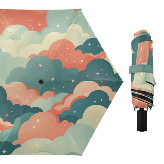 Dreamy Colorful Clouds All Weather Umbrella Triple Folding Parasol 6 Ribs UV Protection Portable