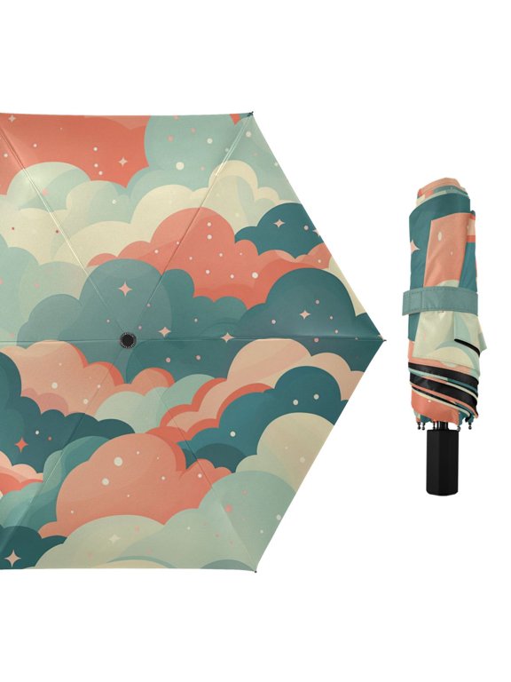 Dreamy Colorful Clouds All Weather Umbrella Triple Folding Parasol 6 Ribs UV Protection Portable