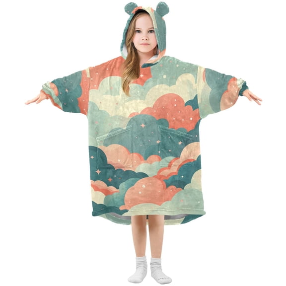 Dreamy Colorful Clouds Flannel Wearable Blankets Hooded Design Long Sleeves Wrap Unisex for 3T-14Y L
