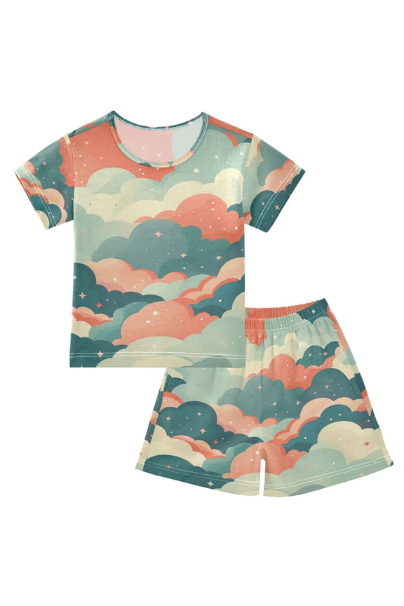 Dreamy Colorful Clouds Pajamas Set Short Sleeves Sleepwear Top with Shorts Loose Fit Lounge Wear Unisex 5Y