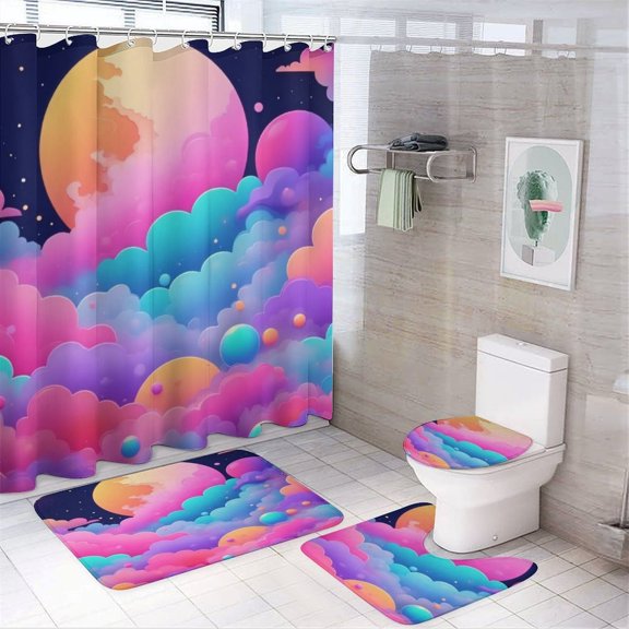 Dreamy Cosmic Cloudscape Shower Curtain Waterproof Bathroom Curtain Set with Hooks Home Decor Bathroom Curtains 4pcs