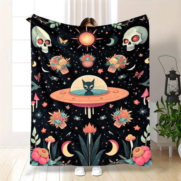 Dreamy Cosmic Flannel Throw Blanket - Quilted Soft Bedspread Suitable for All-Season Cozy Comfort, Multicolor Space Theme with Aliens & Galaxies, Bedspread for Home, ' Room, Dorm,