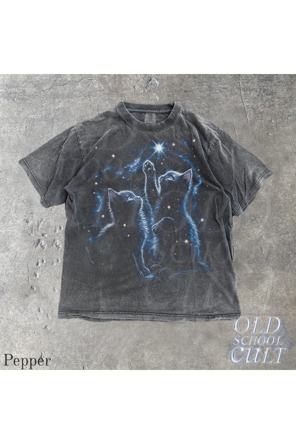 Dreamy Cosmic Kittens Celestial Galaxy Stars Retro 90s Aesthetic Graphic - Comfort Colors Unisex Cotton T-Shirt, Sizes S-5XL