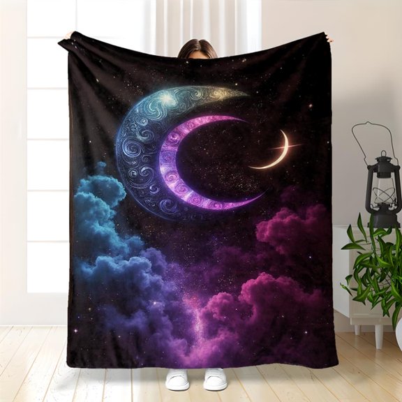 Dreamy Cosmic Moon Glow Throw Blanket - Reversible Celestial Night Sky Bedspread with Glowing Moon Phases, Soft Non- Polyester, Lightweight All-Season Bed Cover for &, or Room Decor (Purple/Blue)