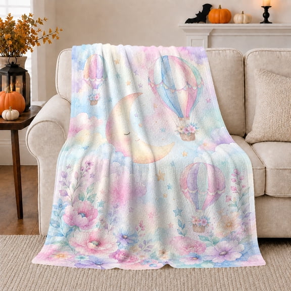Dreamy Crescent Moon Hot Air Balloon Watercolor Peaceful, Peaceful Celestial Art Scene, Warm Flannel Blanket for Sunroom and Reading Nook, Garden Lovers Housewarming Gift, Celestial Home Decor
