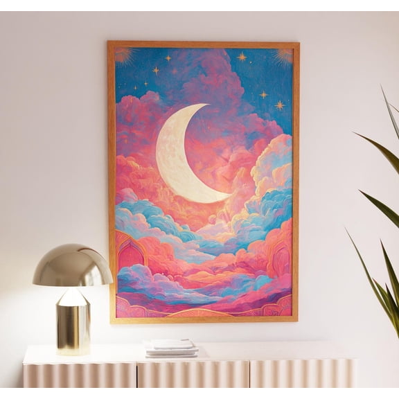 Dreamy Crescent Moon Wall Art Print, Pink And Blue Clouds Pastel Sky Surreal Fantasy Landscape Boho Celestial Night Decor Poster Wall Art Wall Art, Modern Wall Decor, 16x24 UNFRAMED
