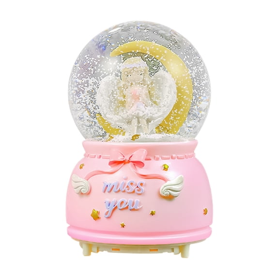 Dreamy Crystal Ball Music Box, Angel Wings Moon Snow Globe, Pink Resin Figurine With Light And Music