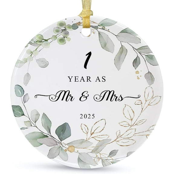 The Dreamy Den Our First Christmas Married Ornament 2025,Wedding Gifts For Couples Unique Decoration,First Year Newlywed Mr And Mrs Hanging 2.9" Ceramic Round Ornament, 1PC