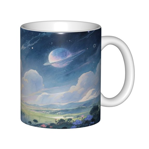 Dreamy Fantasy Galaxy Planet Ceramic Coffee Mug, 11oz White Tea Cup with Aesthetic Space Landscape and Clouds for Office Home Decor, Great Gift Idea
