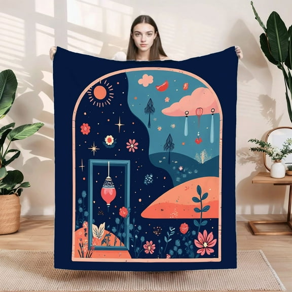Dreamy Flannel Blanket - Soft & Warm Cozy Design with Whimsical Lanterns Flowers & Hot Air Balloons for Sofa Travel & Bed