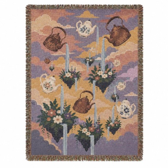 Dreamy Floating Vessels and Floral Garden, Pastel Lavender and Peach Woven Blanket, 100% Cotton, Surreal Living Room Decor