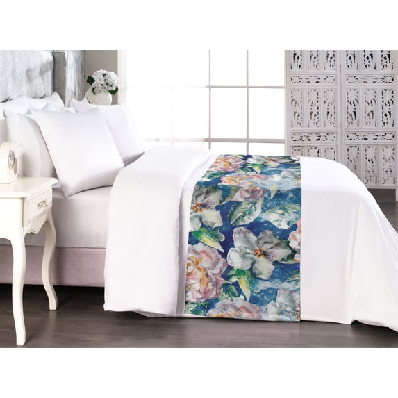 Dreamy Floral Bed Runner, Outer Space Inspirations Blooming Flowers with Leaves on Starry Back, Decorative Accent Bedding Scarf for Hotels Homes & Guest Rooms, King, Dark Lavender Lilac, by Ambesonne