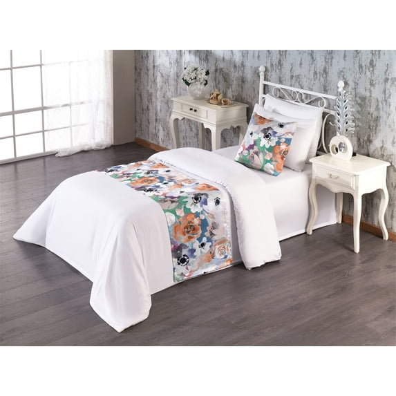Dreamy Floral Bed Runner Set, Aquarelle Anemones and Daisy Flowers Pattern on Jumble Background, Decorative Bedding Scarf & a Pillow Sham for Hotels Homes, Twin, Burnt Sienna Off White, by Ambesonne