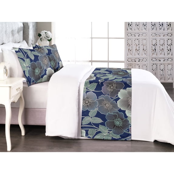 Dreamy Floral Bed Runner Set, Fantasy Woodland Inspirations Blooming Flowers Vintage with Leaves, Decorative Bedding Scarf & 2 Pillow Shams for Hotels Homes, King, Indigo Peacock Green, by Ambesonne