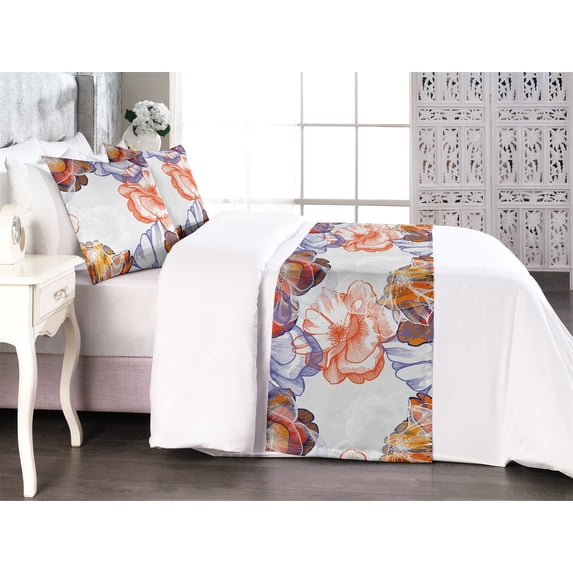 Dreamy Floral Bed Runner Set, Line Illustrated Tropical Flowers Silhouettes with Fantasy Petals, Decorative Bedding Scarf & 2 Pillow Shams for Hotels Homes, King, Dark Coral Blue Violet, by Ambesonne